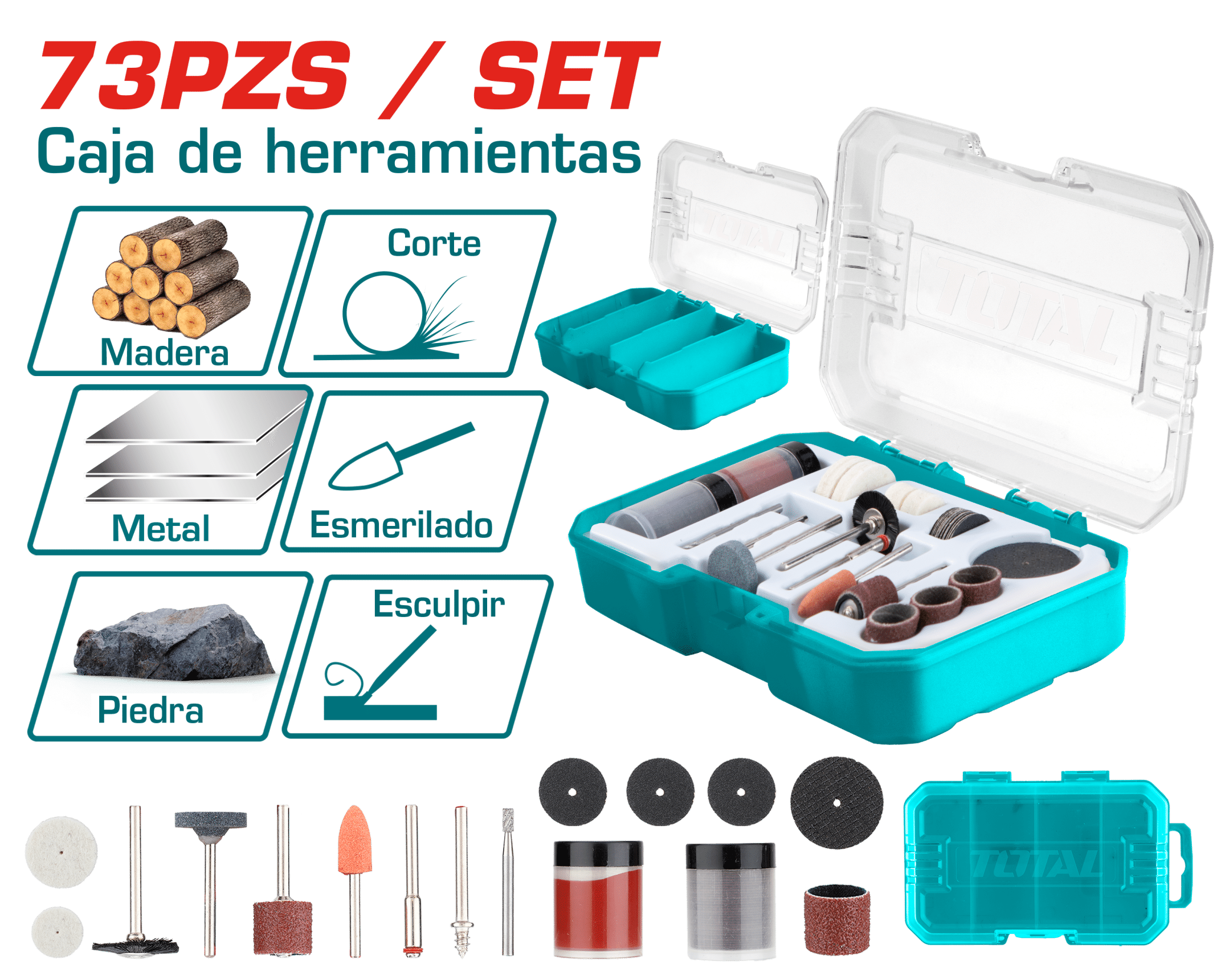 ACCESORIOS P/MINI-RECTIFICADOR 73PZS 1/8'' (3.125MM) PIEDRAS/LIJAS/PULIR INC. ESTUCHE