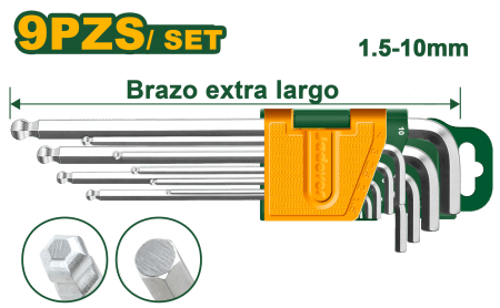 SET DE LLAVES ALLEN HEX 9PCS 1.5-10MM CRV PUNTA REDONDA EXTRA LARGO