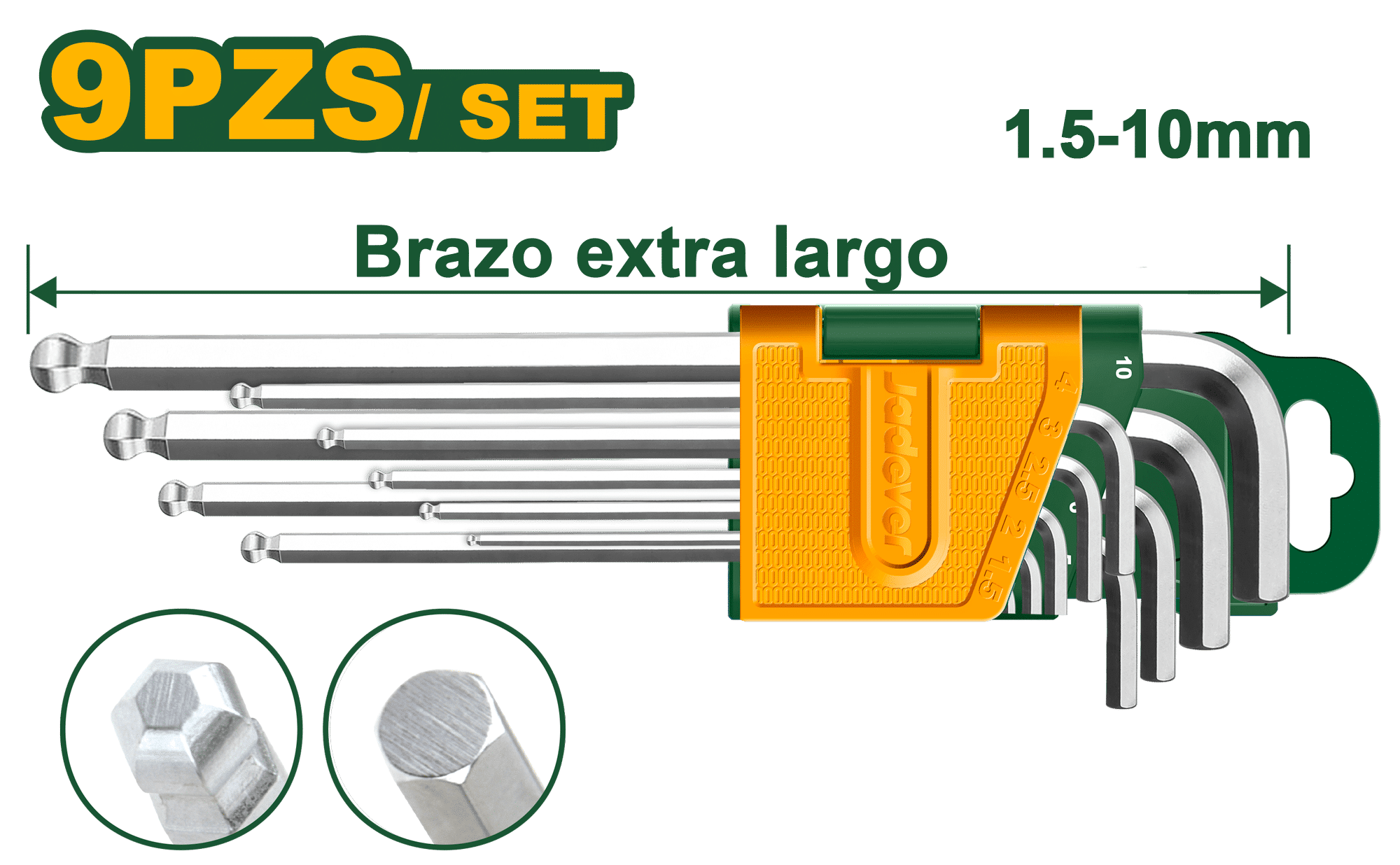 SET DE LLAVES ALLEN HEX 9PCS 1.5-10MM CRV PUNTA REDONDA EXTRA LARGO