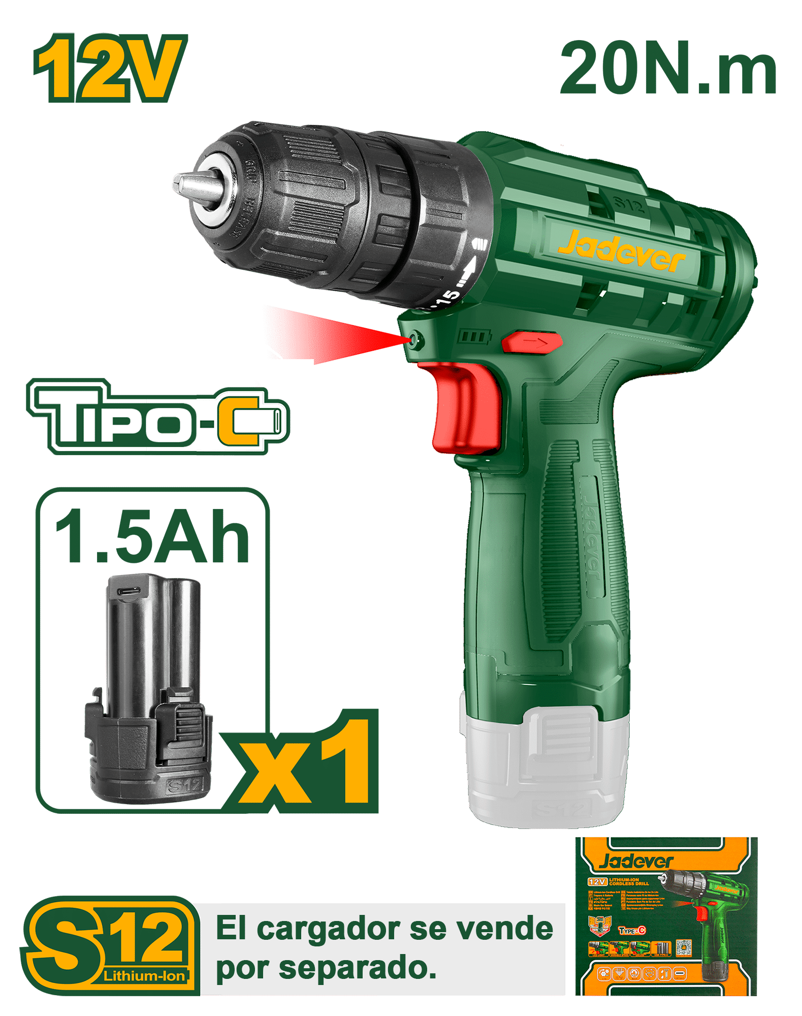 TALADRO LI-ION 12V 1.5AH S12 20NM 0.8-10MM 0-750RPM