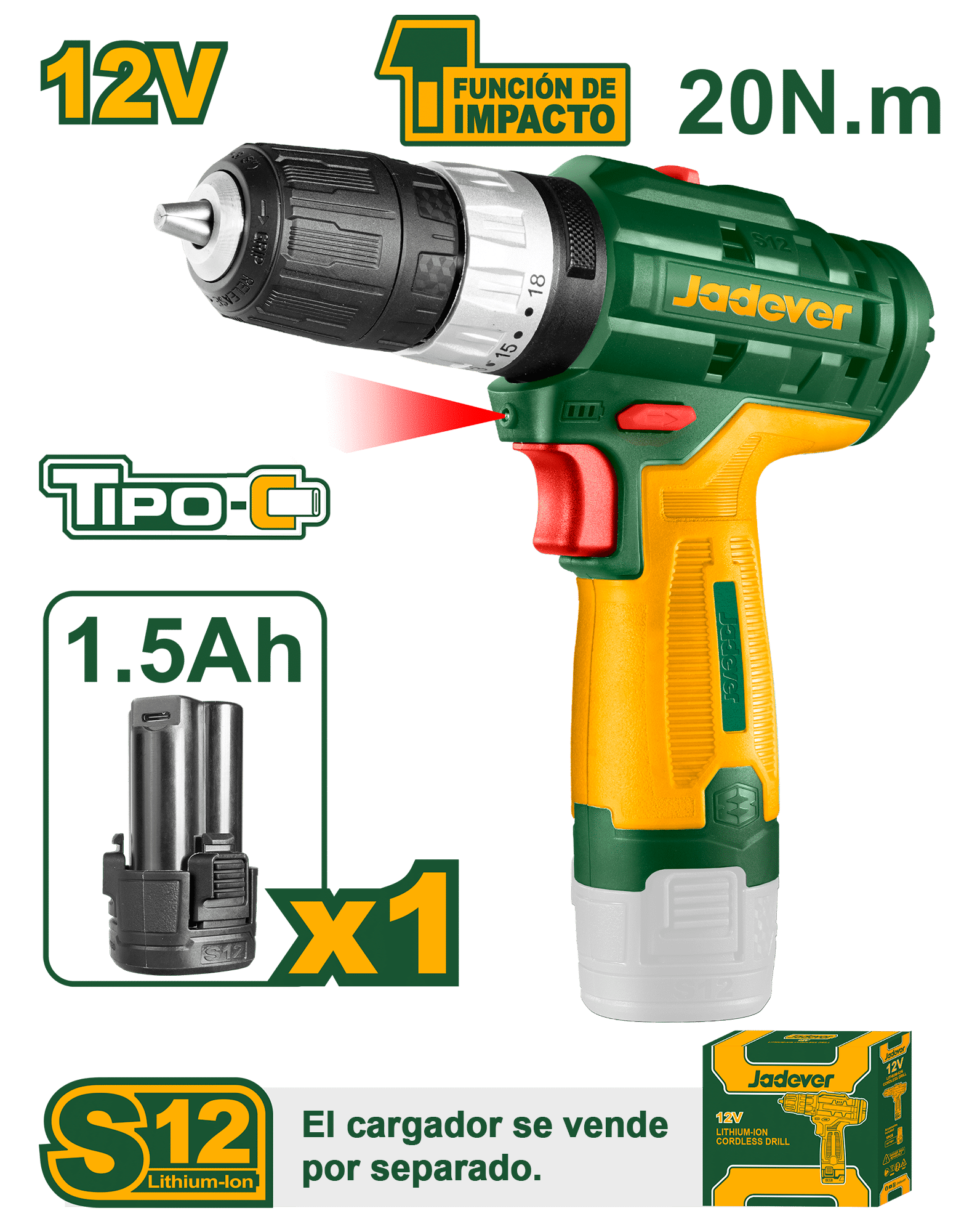 TALADRO PERCUTOR LI-ION 12V 1.5AH S12 20NM 0.8-10MM 0-1500RPM