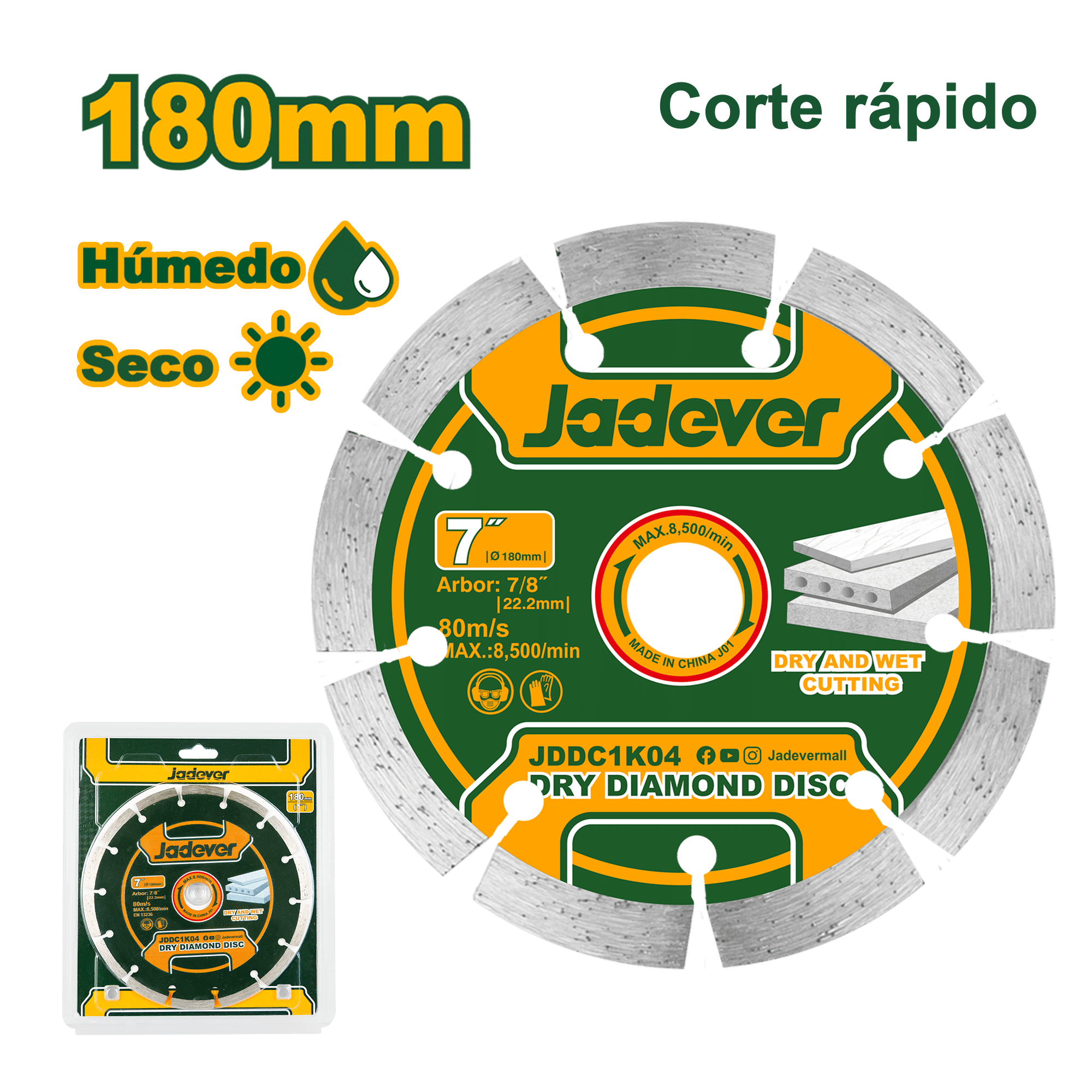 DISCO DIAMANTADO SECO 180X22.2MM ANCHO: 7.5MM