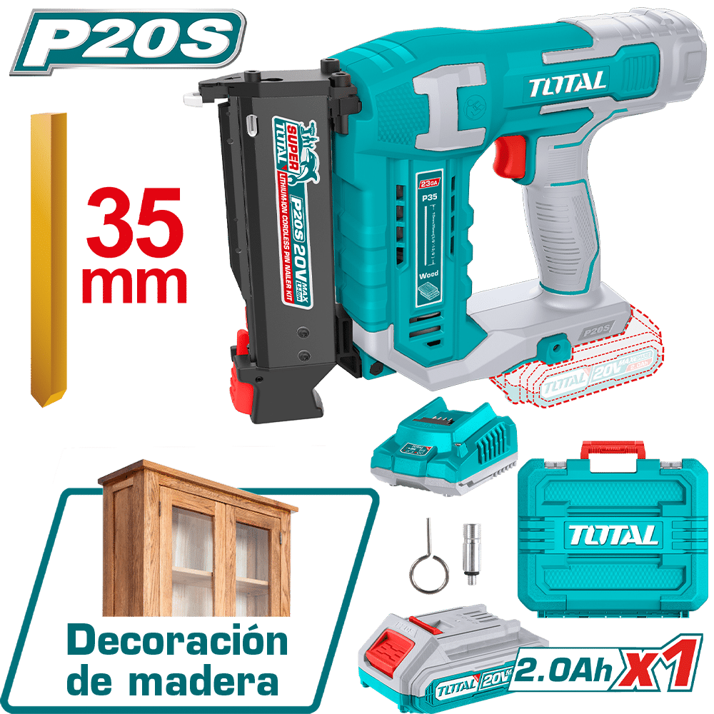 CLAVADORA 20V PIN 10-35MM 3C/S + 140 CLAVOS PIN 1X2.0AH + MALETIN INDUSTRIAL