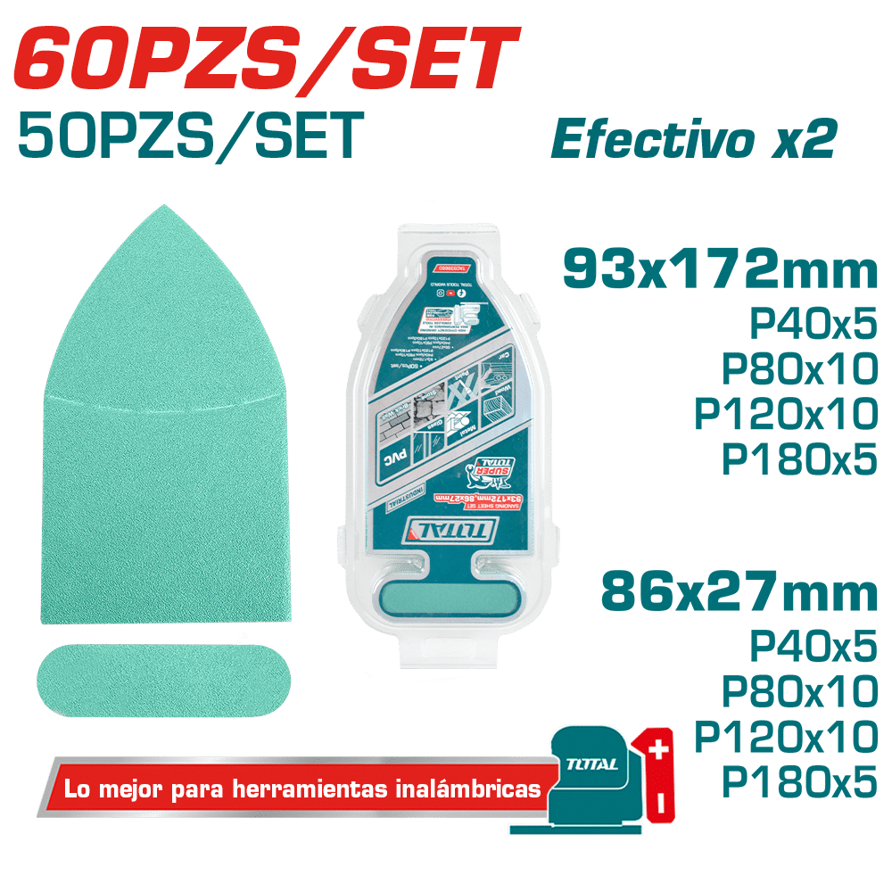 SET LIJAS P40/P80/P120/P180 60PCS ESPECIALES 93X172MM/86X27MM INDUSTRIAL
