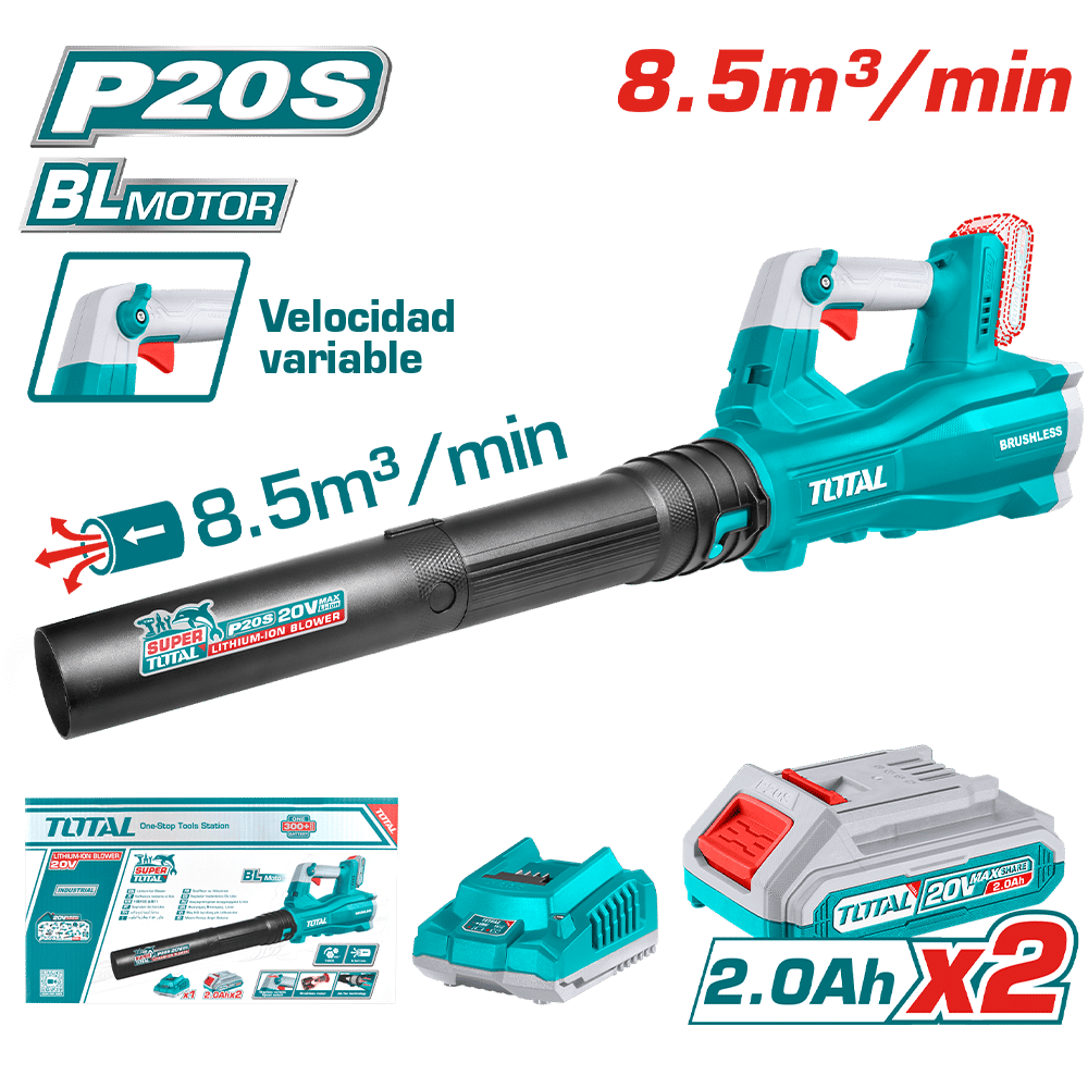 SOPLADORA LI-ION 20V 8.5M3/MIN MAX:144KM/H VELOCIDAD VARIABLE 18500/MIN 2 X 2.0AH