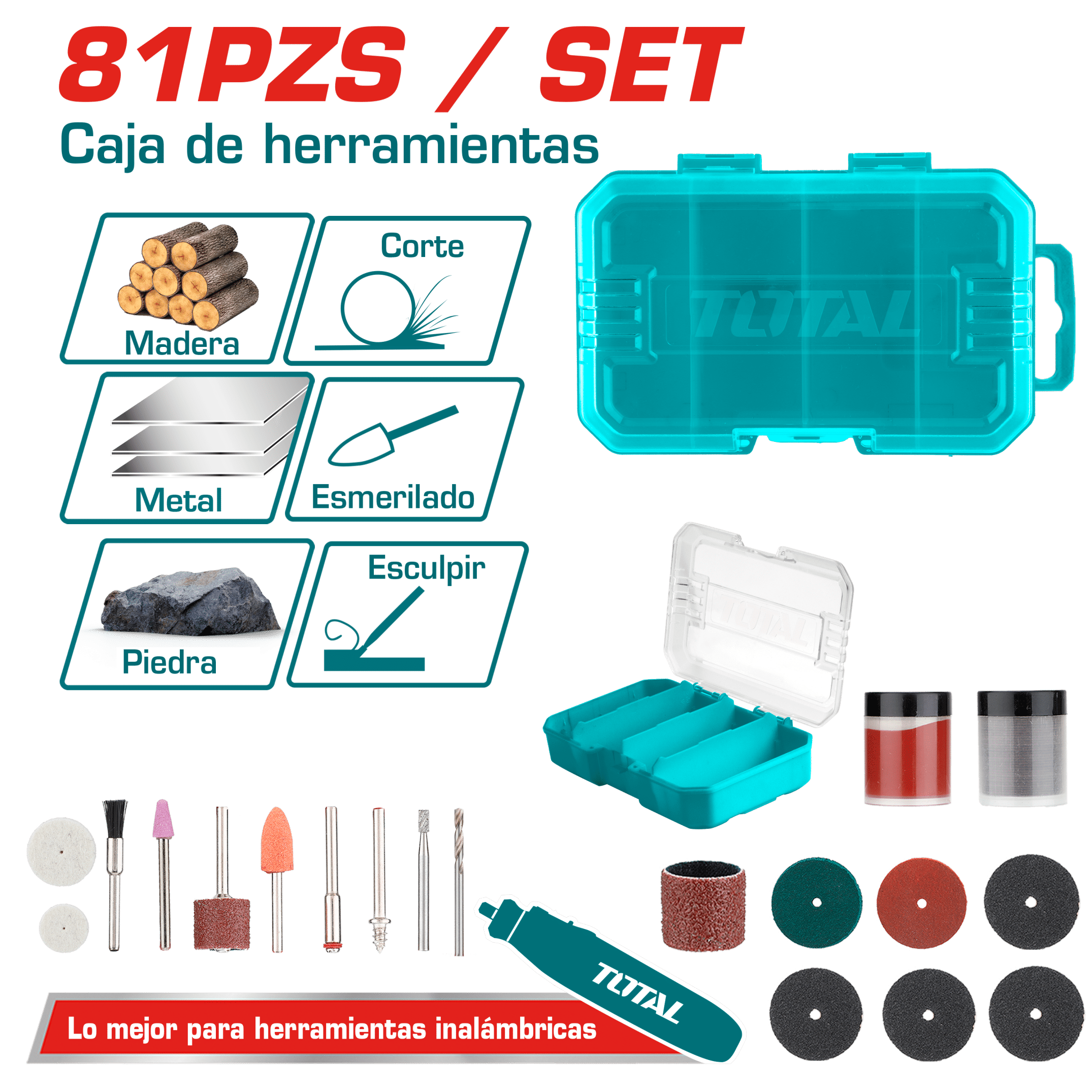 ACCESORIOS P/MINI-RECTIFICADOR 81PZS 1/8'' (3.125MM) PIEDRAS/LIJAS/PULIR INC. ESTUCHE