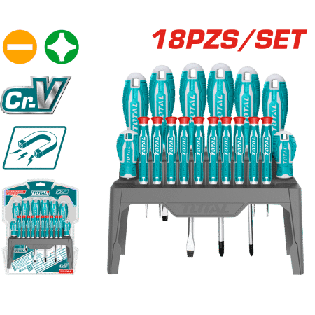 SET DESTORNILLADORES 18PCS CR.V 4XSL+4PH+10PRECISION 38/75/100/150MM MAG.+SOPORTE