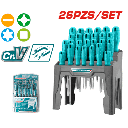 SET DESTORNILLADORES 26PCS CR.V 7XSL+11XPH+6XTORX+2SQR MAG.+SOPORTE