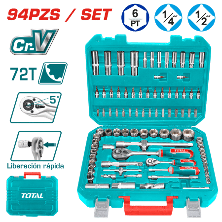 SET HERRAMIENTAS RACHET 94PCS CR.V 72T 1/4 + 1/2 SOCKETS MALETIN INDUSTRIAL