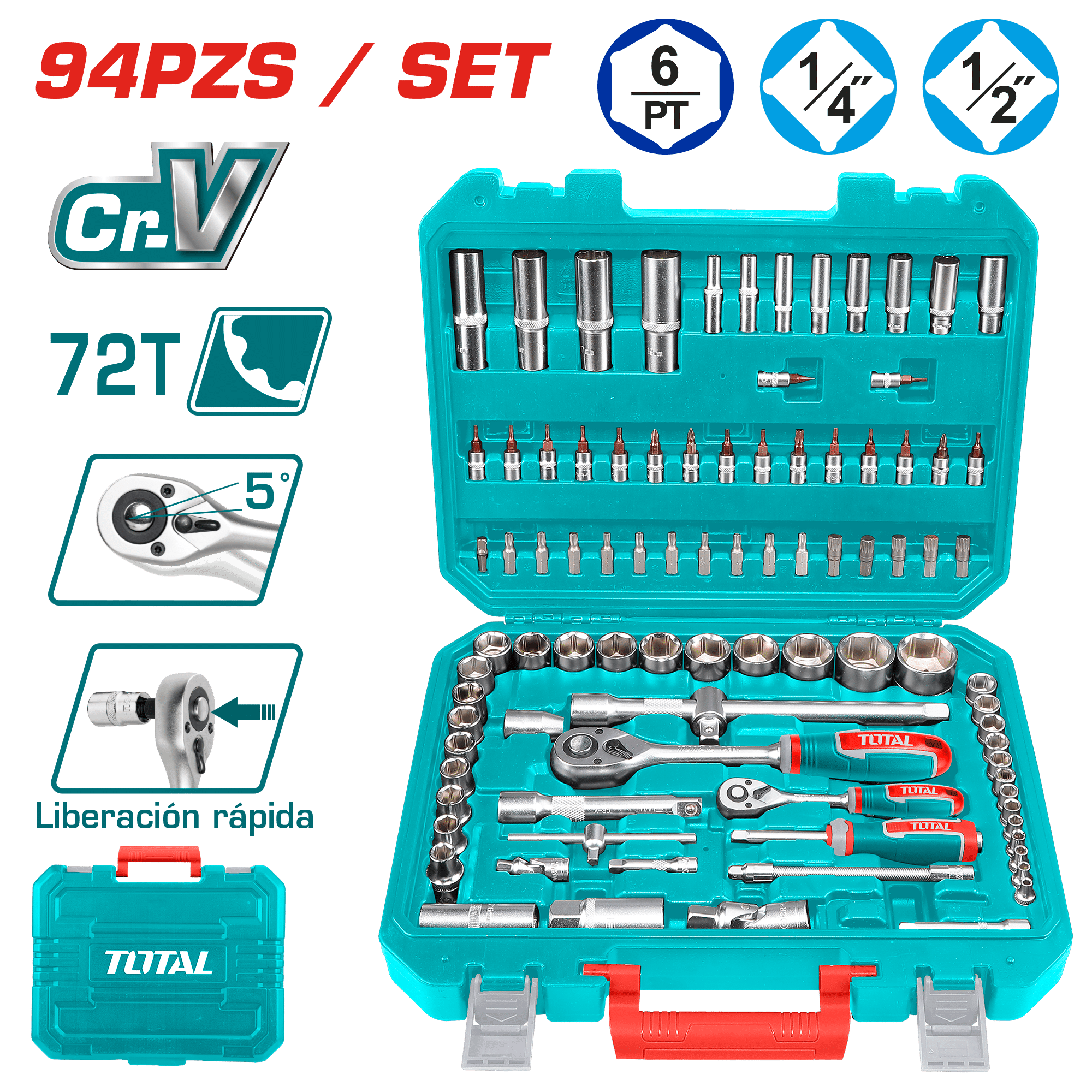 SET HERRAMIENTAS RACHET 94PCS CR.V 72T 1/4 + 1/2 SOCKETS MALETIN INDUSTRIAL