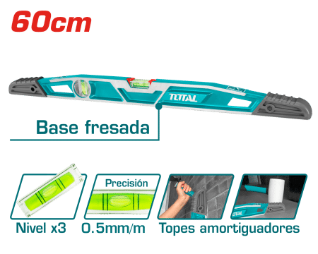 NIVEL BURBUJA HD 60CM B:2 ALUMINIO PRES:0.5MM ANTI-IMPACTO INDUSTRIAL