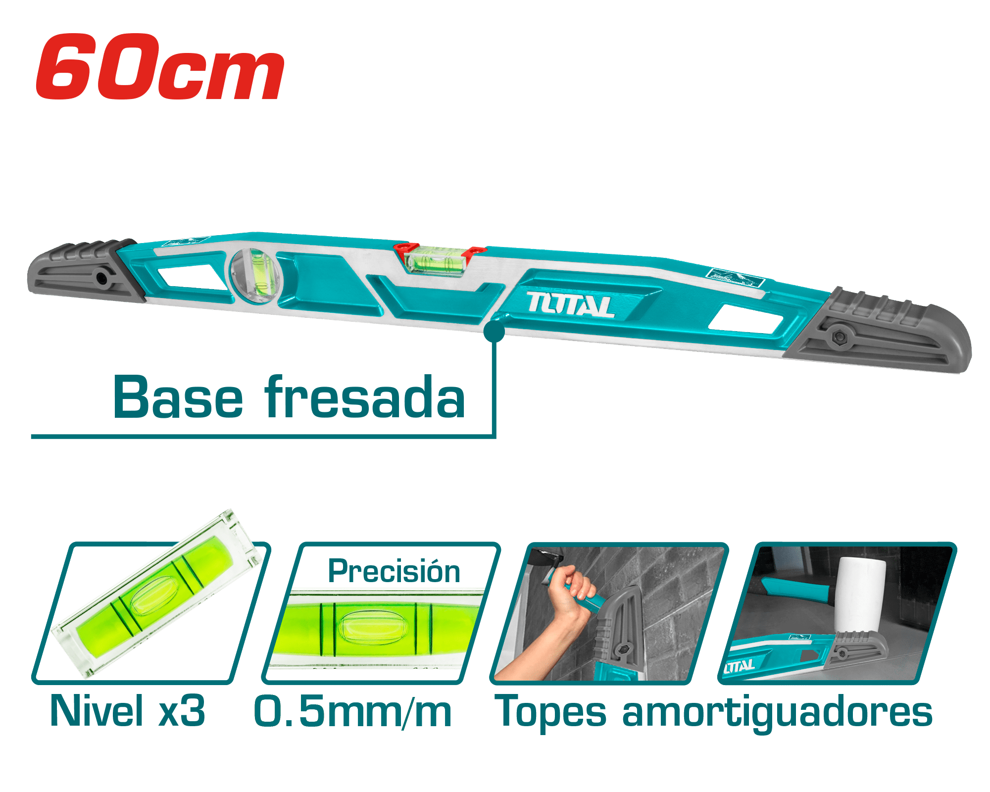 NIVEL BURBUJA HD 60CM B:2 ALUMINIO PRES:0.5MM ANTI-IMPACTO INDUSTRIAL