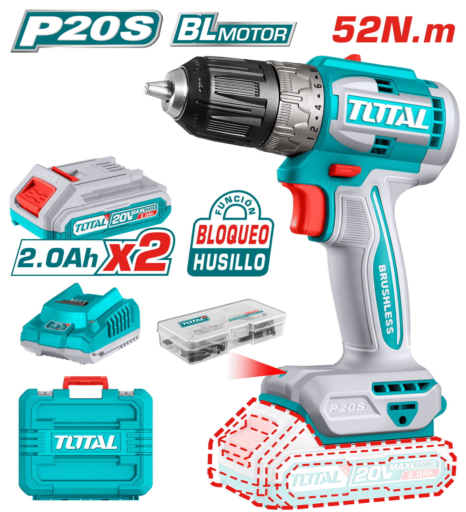 TALADRO 20V 52NM 0.8-10MM 22+1 2X2.0AH BRUSHLESS MALETIN INDUSTRIAL