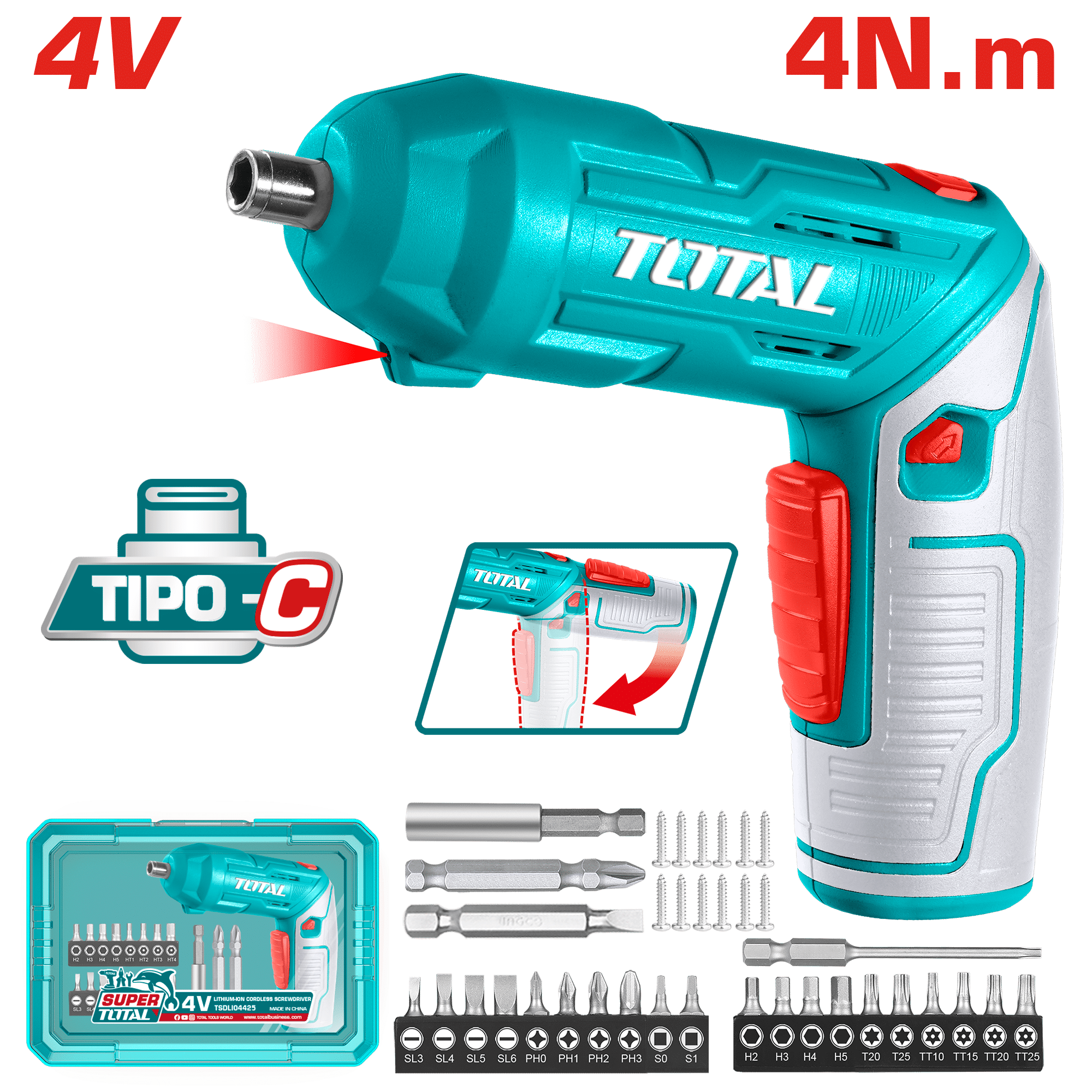 DESTORNILLADOR AJUSTABLE TIPO-C 4V HEX 1/4'' 240RPM 4N.M +ACC(24PCS) ESTUCHE