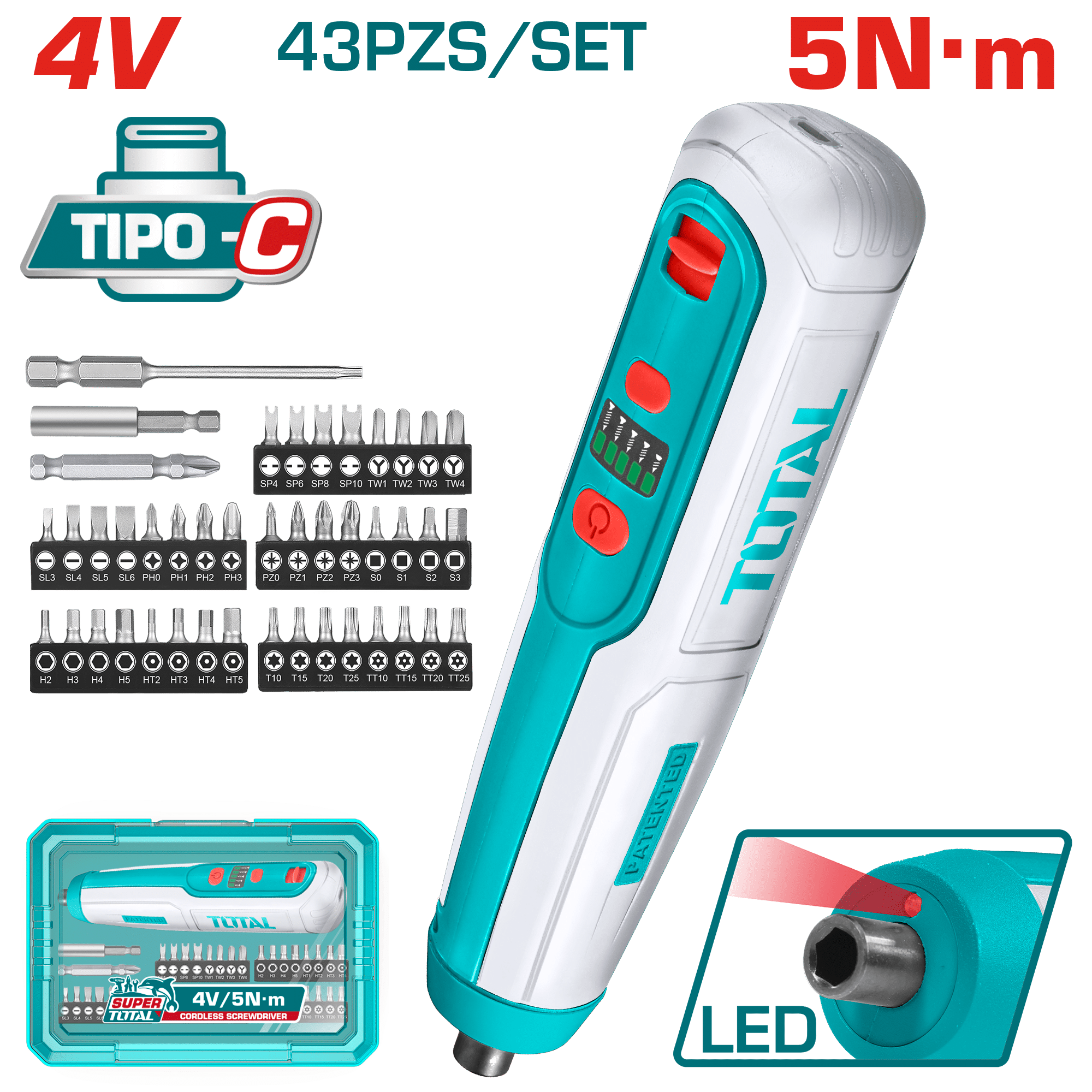 DESTORNILLADOR RECTO TIPO-C 4V HEX 1/4″ 240RPM 5N.M +ACC ESTUCHE