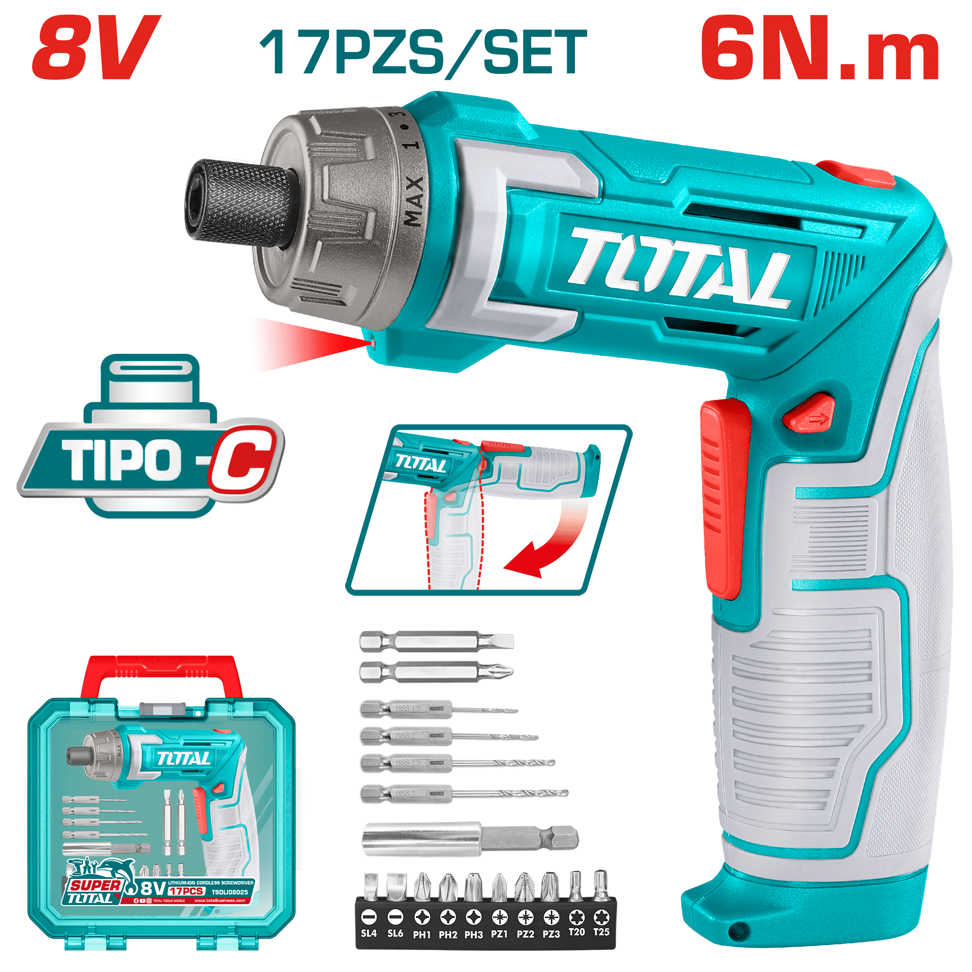 DESTORNILLADOR AJUSTABLE TIPO-C 8V HEX 1/4'' 220RPM 6N.M +ACC(17PCS) ESTUCHE