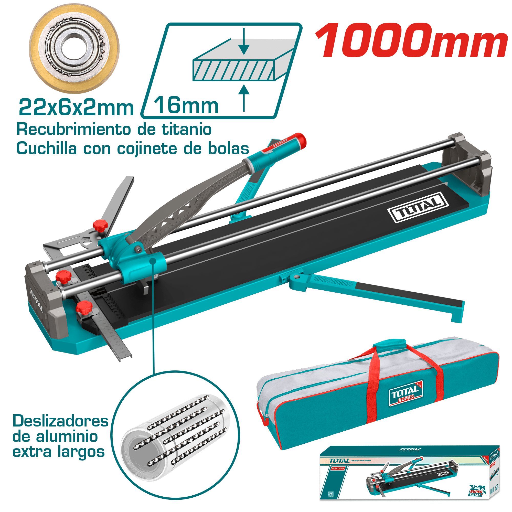 CORTA MAYOLICA 1000MM CORTE 16MM HOJA 22X6X2MM BASE 1220X200 MALETIN LONA INDUSTRIAL