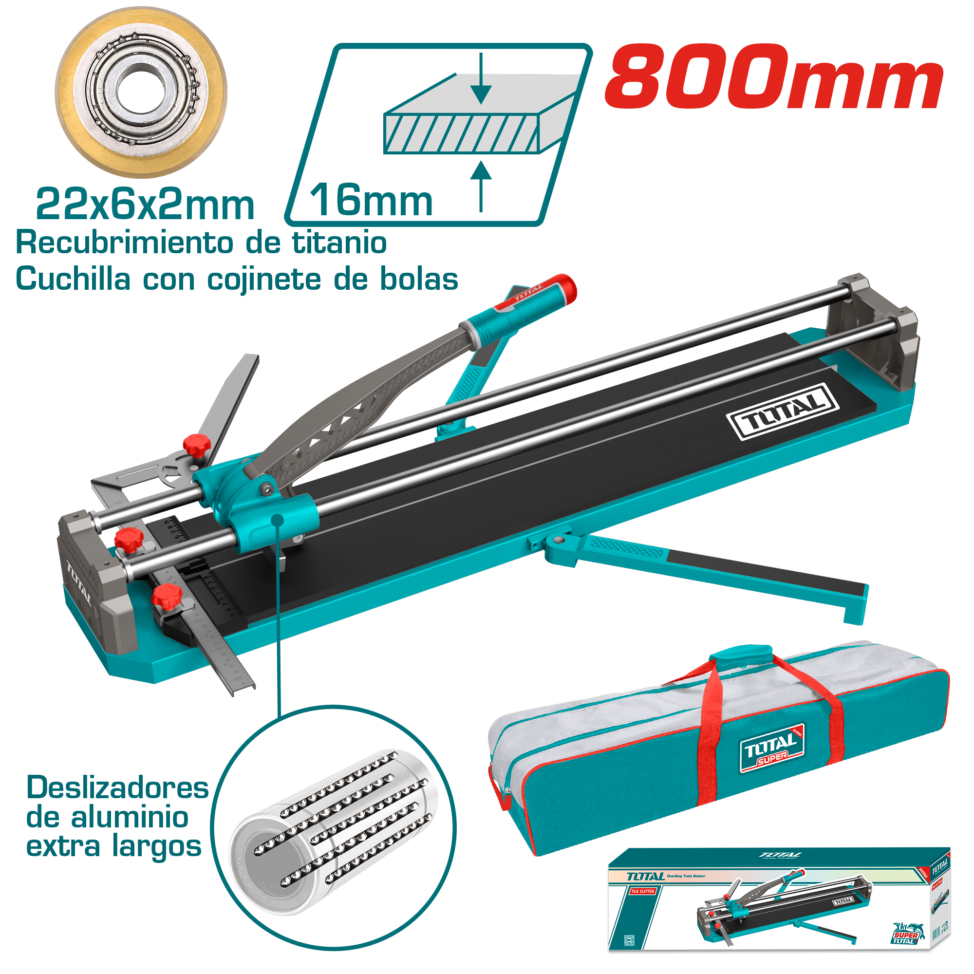 CORTA MAYOLICA 800MM CORTE 16MM HOJA 22X6X2MM BASE 1015X200 MALETIN LONA INDUSTRIAL