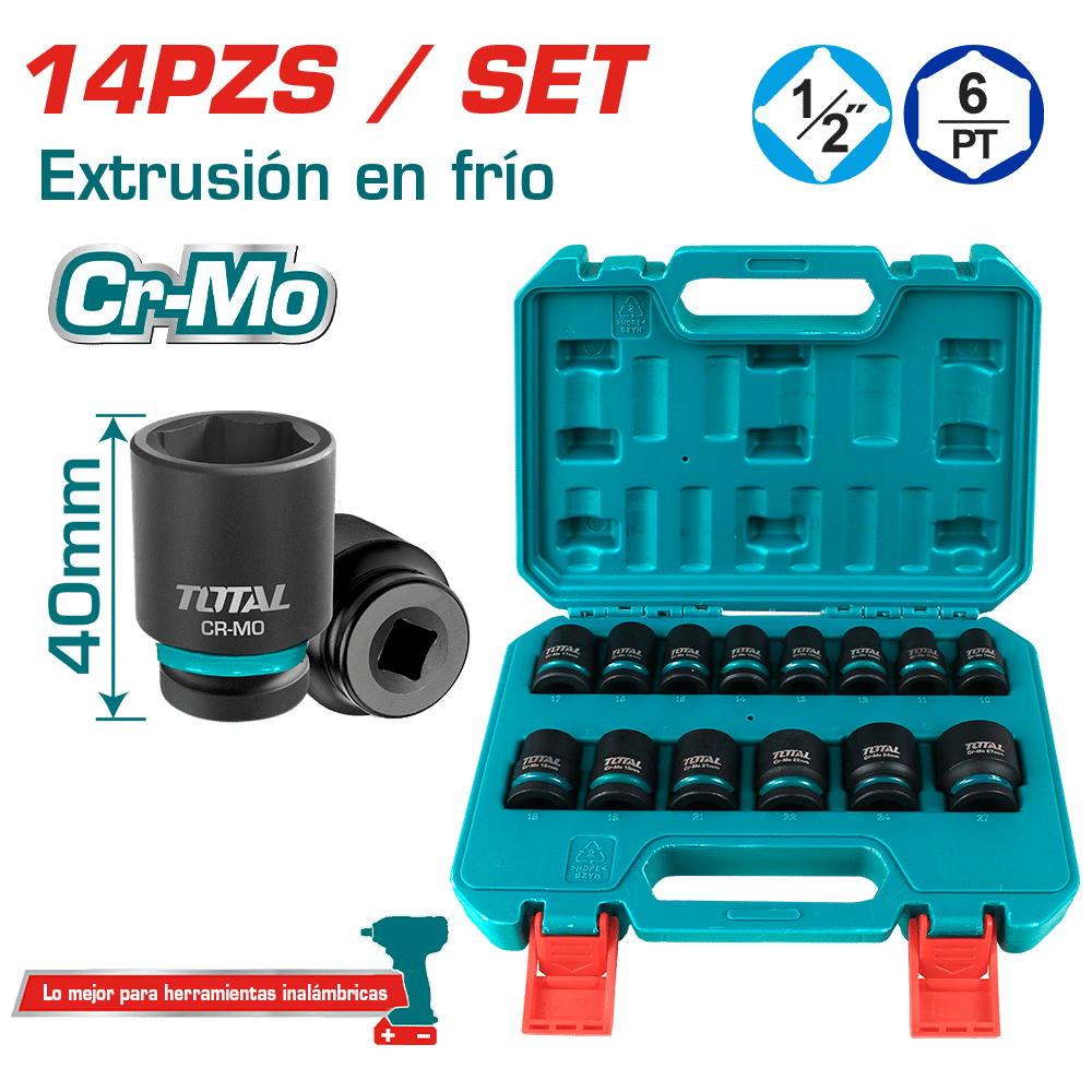 SET DADOS IMPACTO 1/2 PULG 14PCS 10-27MM CR-MO MALETIN INDUSTRIAL