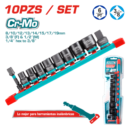 SET SOCKETS IMPACTO 10PCS CR-MO 6/PT 3/8PULG BLISTER INDUSTRIAL