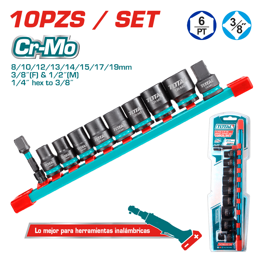 SET SOCKETS IMPACTO 10PCS CR-MO 6/PT 3/8PULG BLISTER INDUSTRIAL