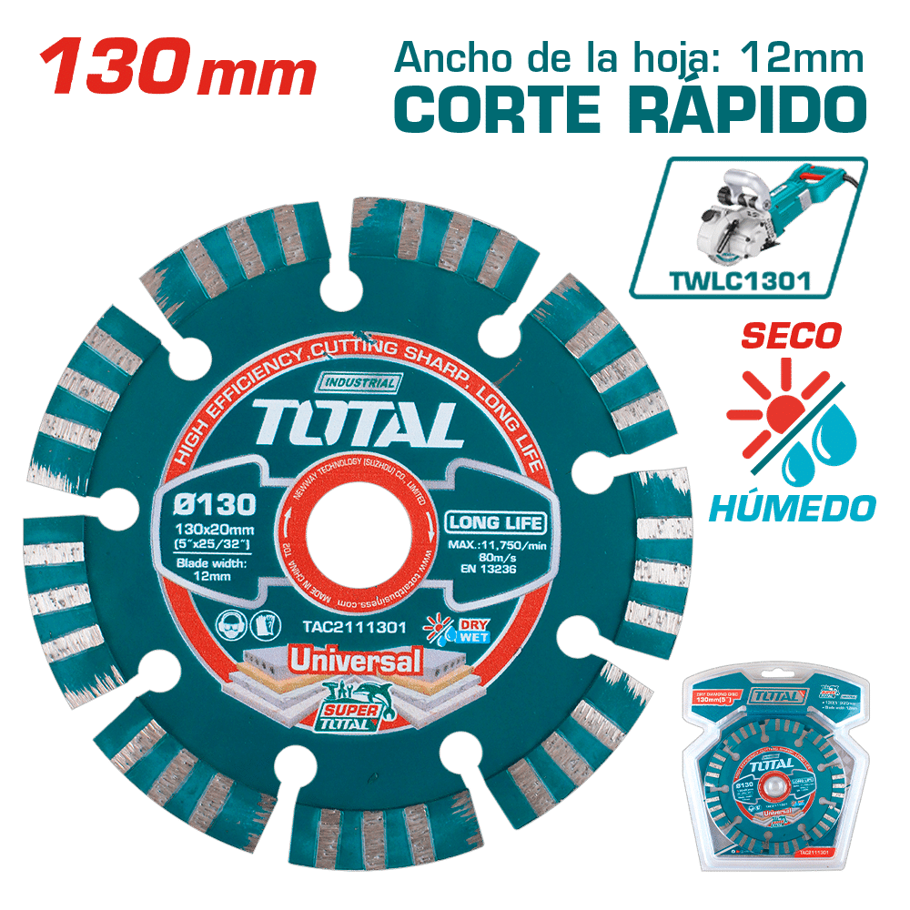 DISCO DIAMANTADO SEGMENTADO 130MMX20MM HOJA:12MM P/RANURADORA HUMEDO/SECO INDUSTRIAL
