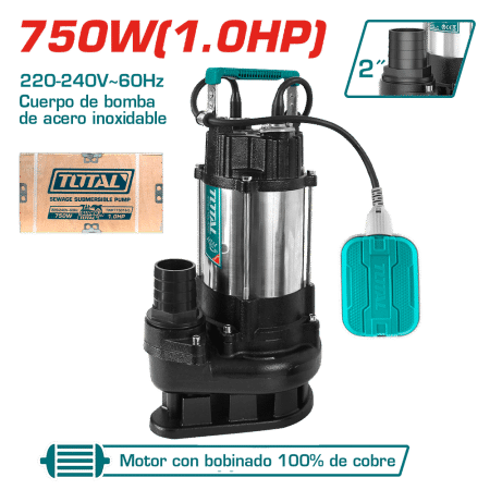 BOMBA SUMERGIBLE A/RECIDUAL AC INOX 750W(1.0HP) H:13M C:350L/MIN S:2PULG