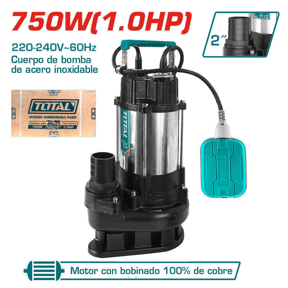 BOMBA SUMERGIBLE A/RECIDUAL AC INOX 750W(1.0HP) H:13M C:350L/MIN S:2PULG