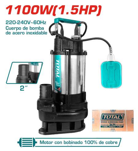 BOMBA SUMERGIBLE A/RECIDUAL AC INOX 1100W(1.5HP) H:15M C:366L/MIN S:2PULG