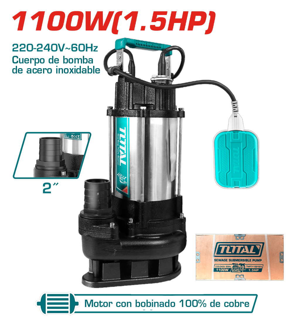 BOMBA SUMERGIBLE A/RECIDUAL AC INOX 1100W(1.5HP) H:15M C:366L/MIN S:2PULG