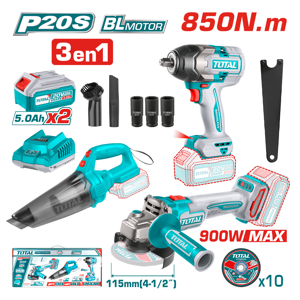 COMBO LLAVE 850NM + ASPIRADORA + AMOLADORA 2X5.0AH INDUSTRIAL