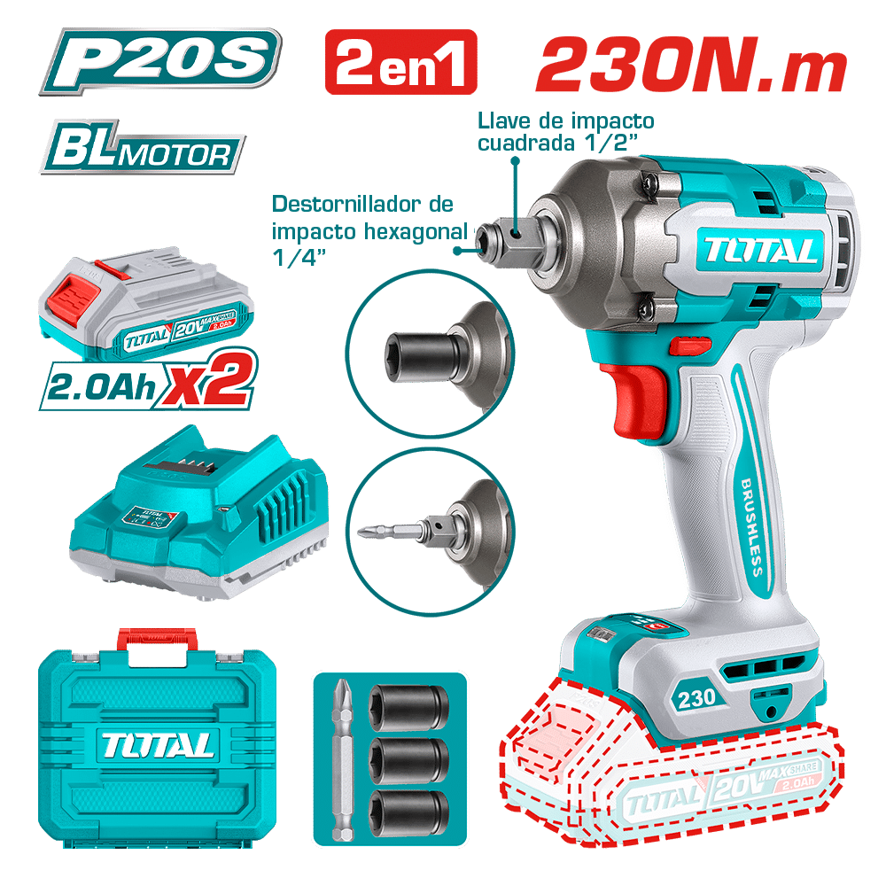LLAVE/DESTORNILLADOR DE IMPACTO BRUSHLESS 20V 1/2'' 230NM 2X2.0AH MALETIN