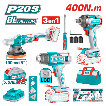 COMBO P20S LLAVE DE IMPACTO + PISTOLA DE CALOR + PULIDORA 2X5.0AH BRUSHLESS
