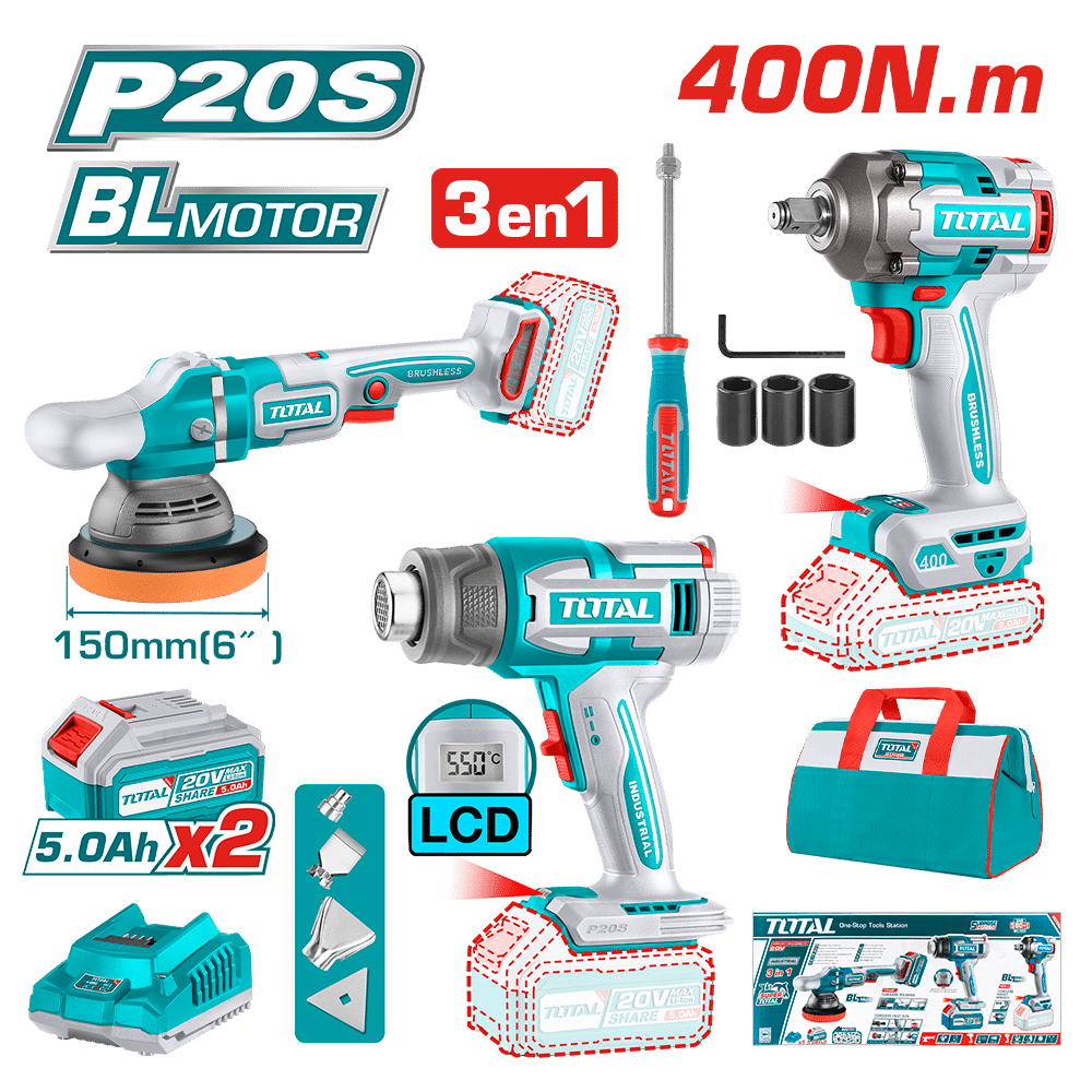 COMBO P20S LLAVE DE IMPACTO + PISTOLA DE CALOR + PULIDORA 2X5.0AH BRUSHLESS