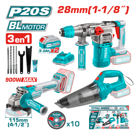 COMBO ROTOMARTILLO + AMOLADORA + ASPIRADORA 2X5.0AH + DISCOS