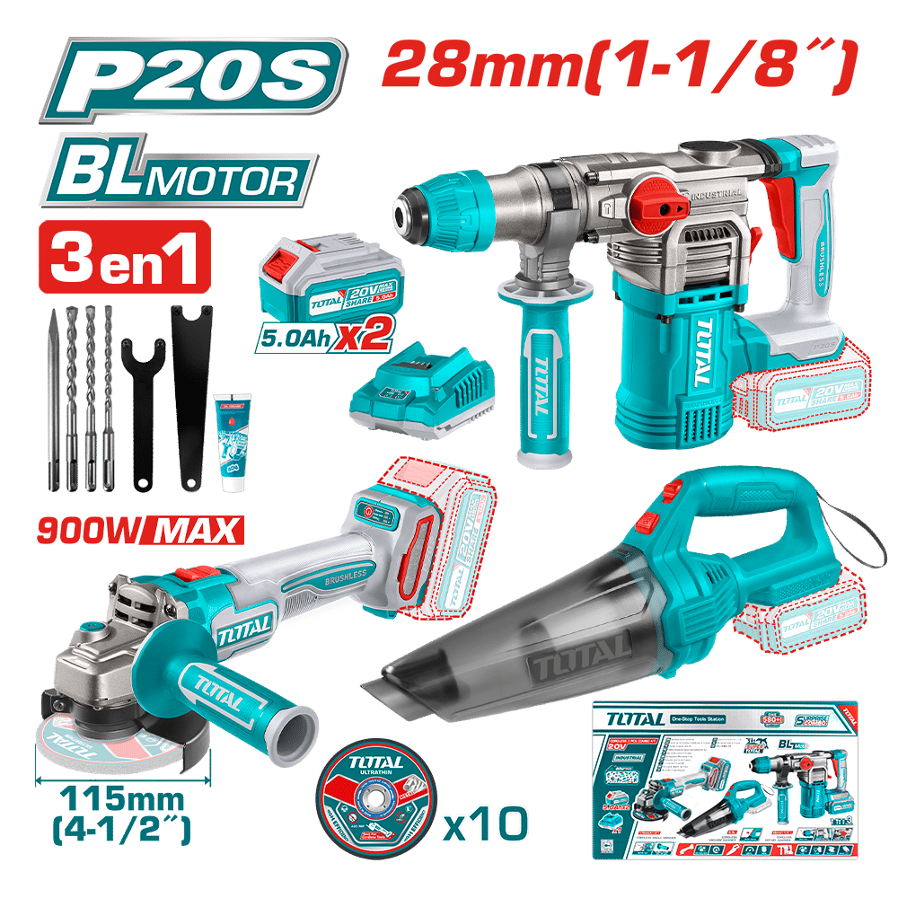 COMBO ROTOMARTILLO + AMOLADORA + ASPIRADORA 2X5.0AH + DISCOS