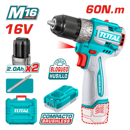 TALADRO COMPACTO 16V 60NM 13MM 22+1 2X2.0AH + MALETIN INDUSTRIAL