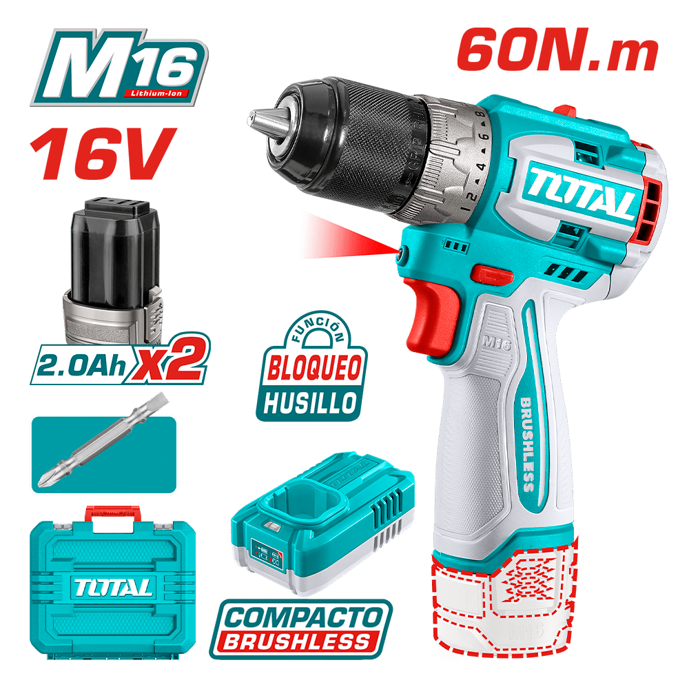 TALADRO COMPACTO 16V 60NM 13MM 22+1 2X2.0AH + MALETIN INDUSTRIAL