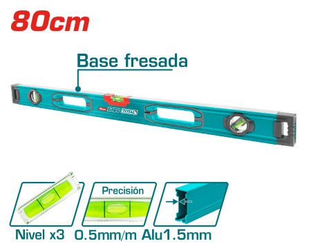 NIVEL BURBUJA 80CM B:3 ALUMINIO 1.5MM PRES:0.5MM MAGNETICO INDUSTRIAL