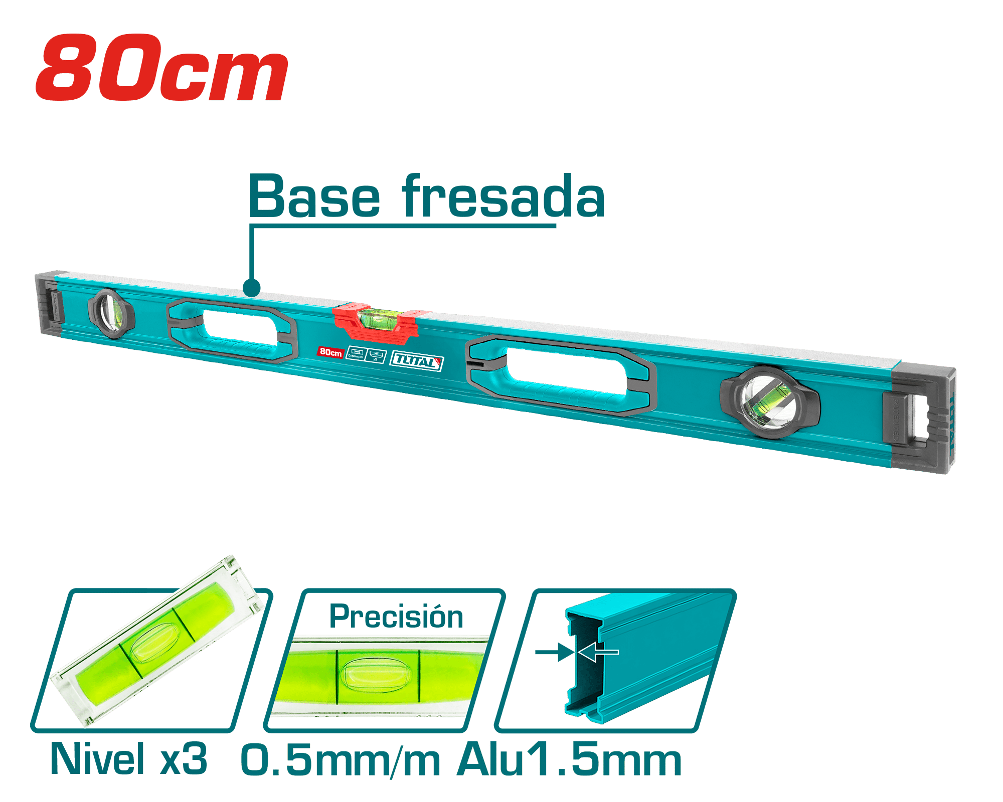 NIVEL BURBUJA 80CM B:3 ALUMINIO 1.5MM PRES:0.5MM MAGNETICO INDUSTRIAL