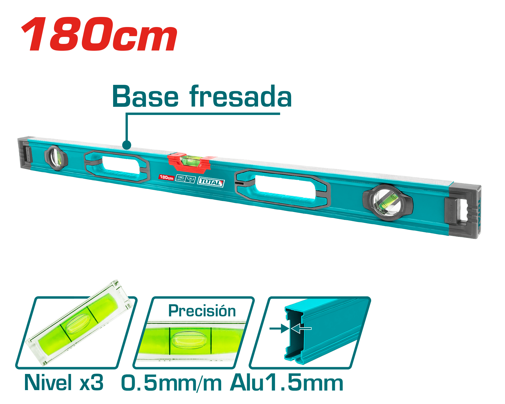 NIVEL BURBUJA 180CM B:3 ALUMINIO 1.5MM PRES:0.5MM SOCKET-V INDUSTRIAL