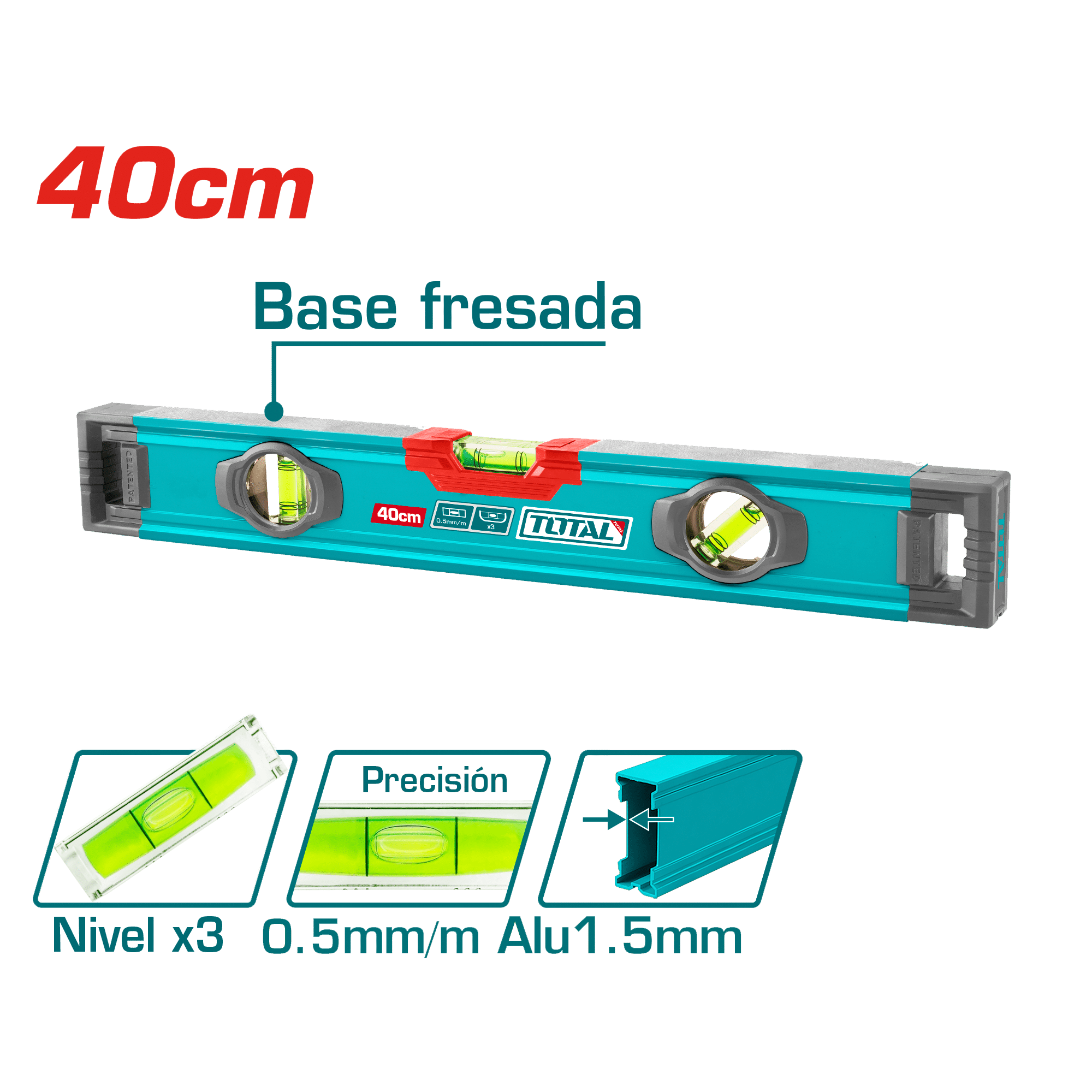 NIVEL BURBUJA 40CM B:3 ALUMINIO 1.5MM PRES:0.5MM SOCKET-V INDUSTRIAL