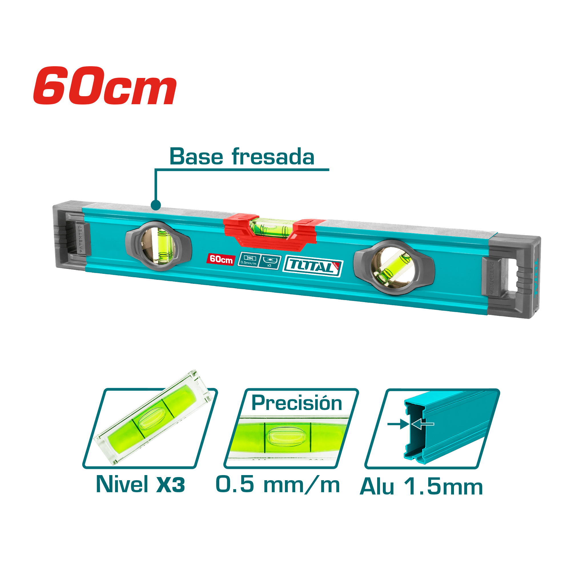 NIVEL BURBUJA 60CM B:3 ALUMINIO 1.5MM PRES:0.5MM SOCKET-V INDUSTRIAL