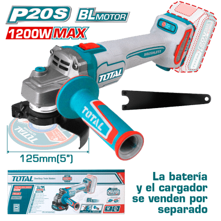AMOLADORA 20V BRUSHLESS 3000-9000RPM 125MM M14 1200W.MAX INDUSTRIAL