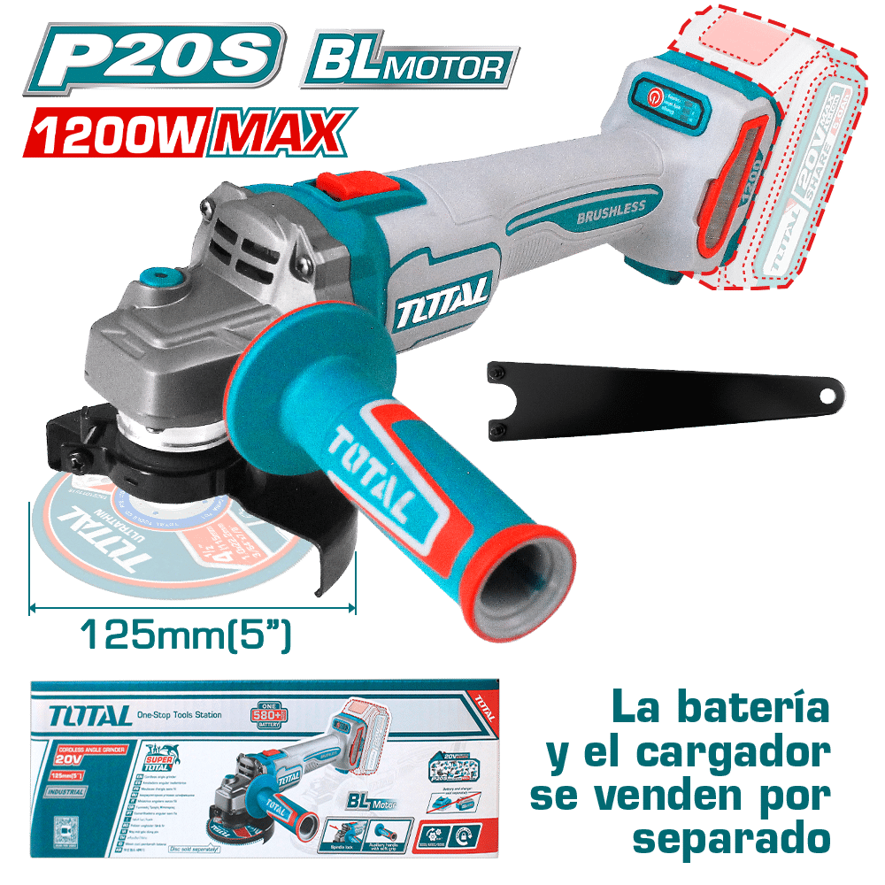 AMOLADORA 20V BRUSHLESS 3000-9000RPM 125MM M14 1200W.MAX INDUSTRIAL
