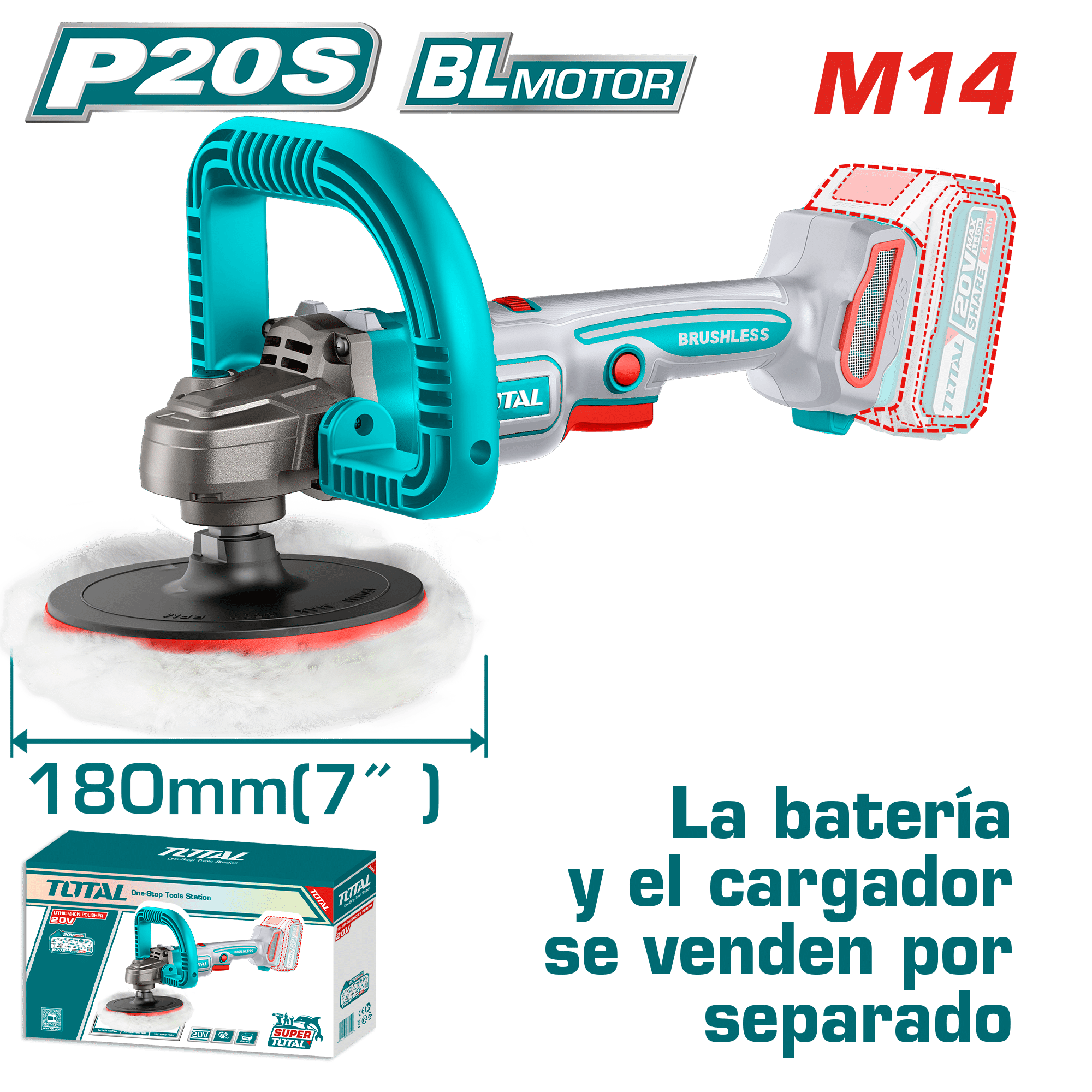 PULIDORA ANGULAR 20V 180MM(7'') M14 400-2500RPM BRUSHLESS INDUSTRIAL