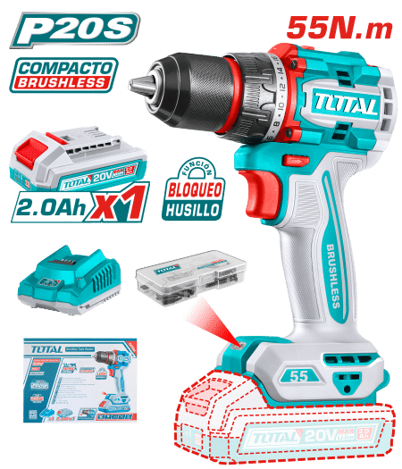 TALADRO 20V 55NM 13MM 22+1 1X2.0AH COMPACTO BRUSHLESS +ACC INDUSTRIAL