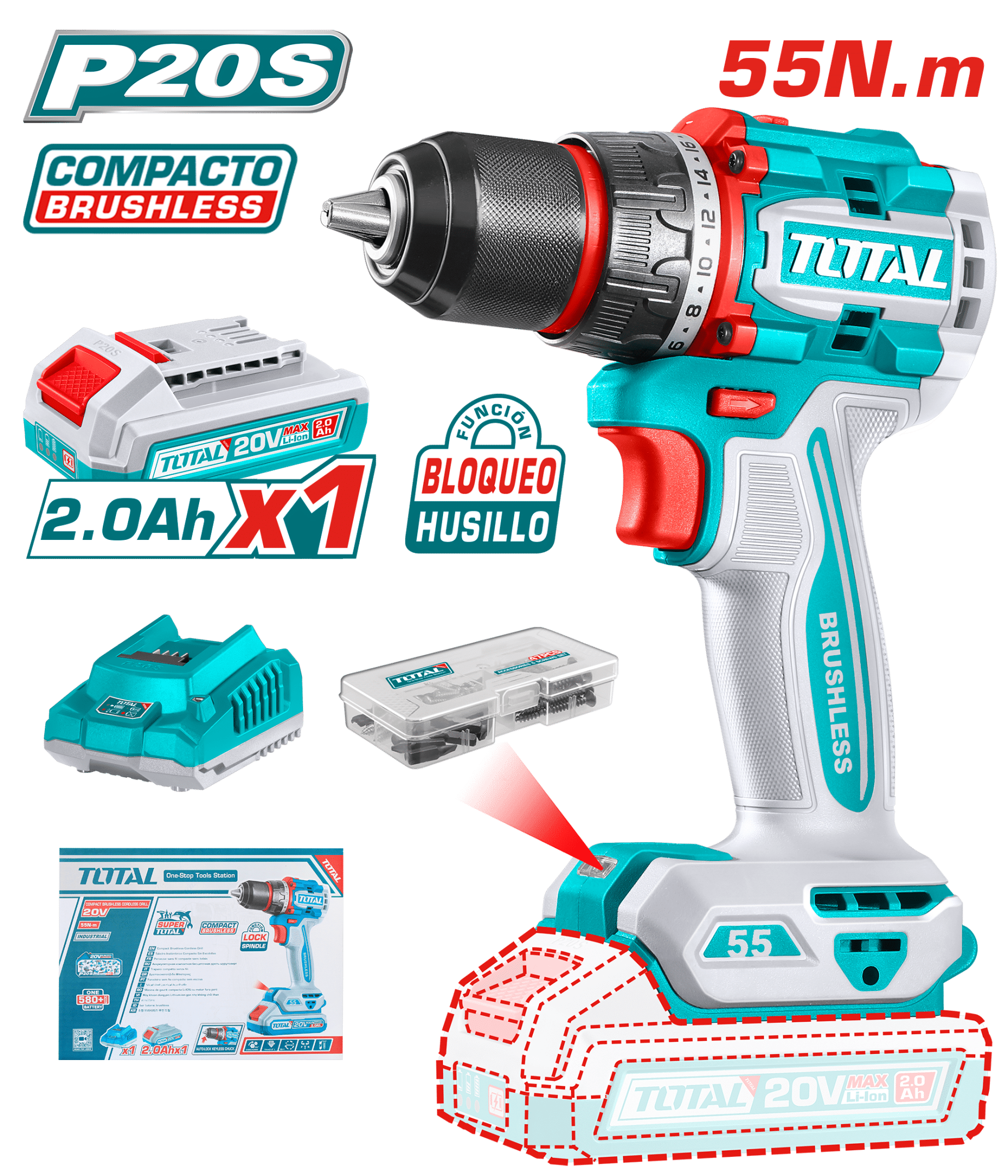 TALADRO 20V 55NM 13MM 22+1 1X2.0AH COMPACTO BRUSHLESS +ACC INDUSTRIAL