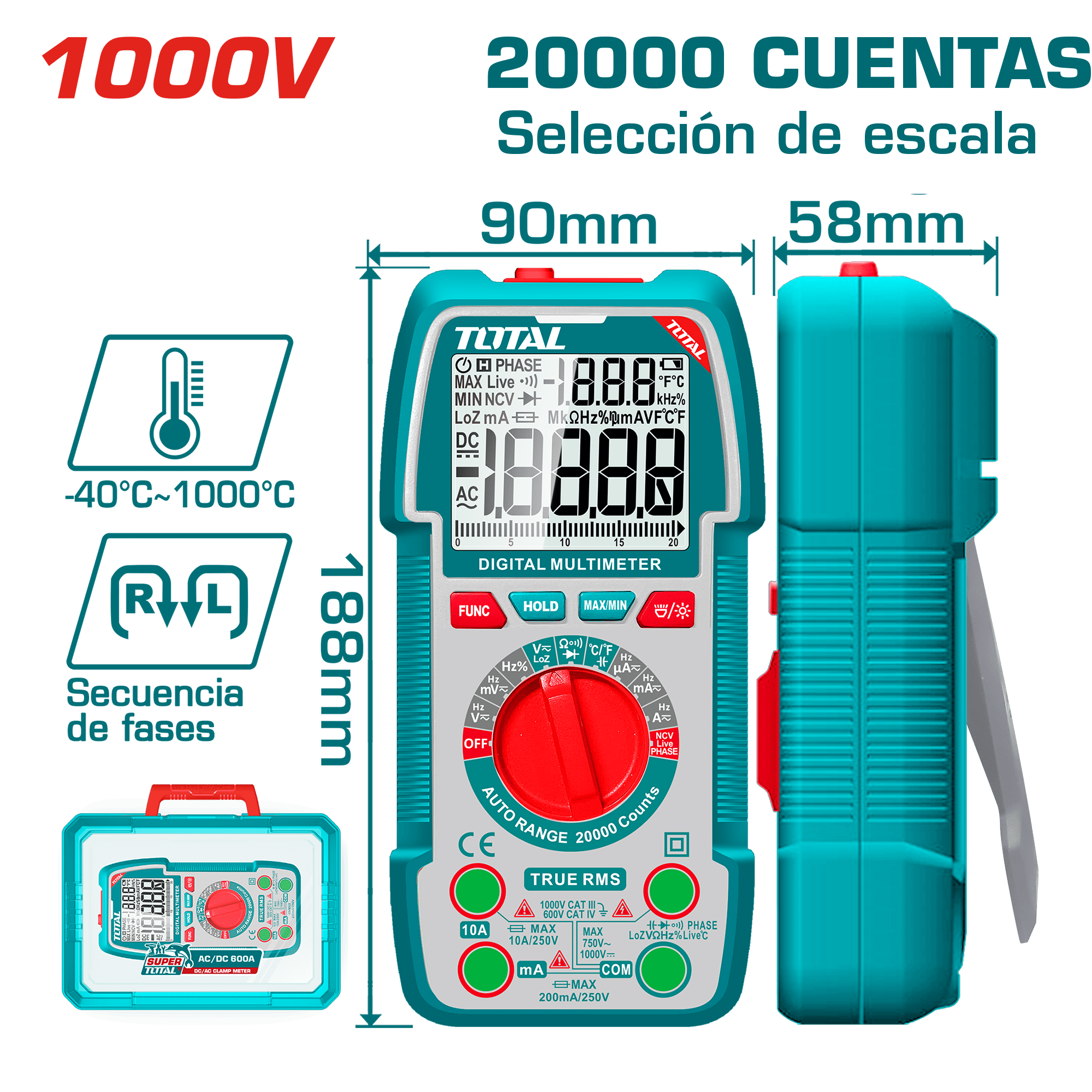 MULTIMETRO DIGITAL 20000 CONTEOS AUTORANGO 1000V MALETIN INDUSTRIAL
