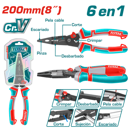 ALICATE DE COMBINACION 8'' 200MM (6 EN 1) CR-V+TEFLON INDUSTRIAL